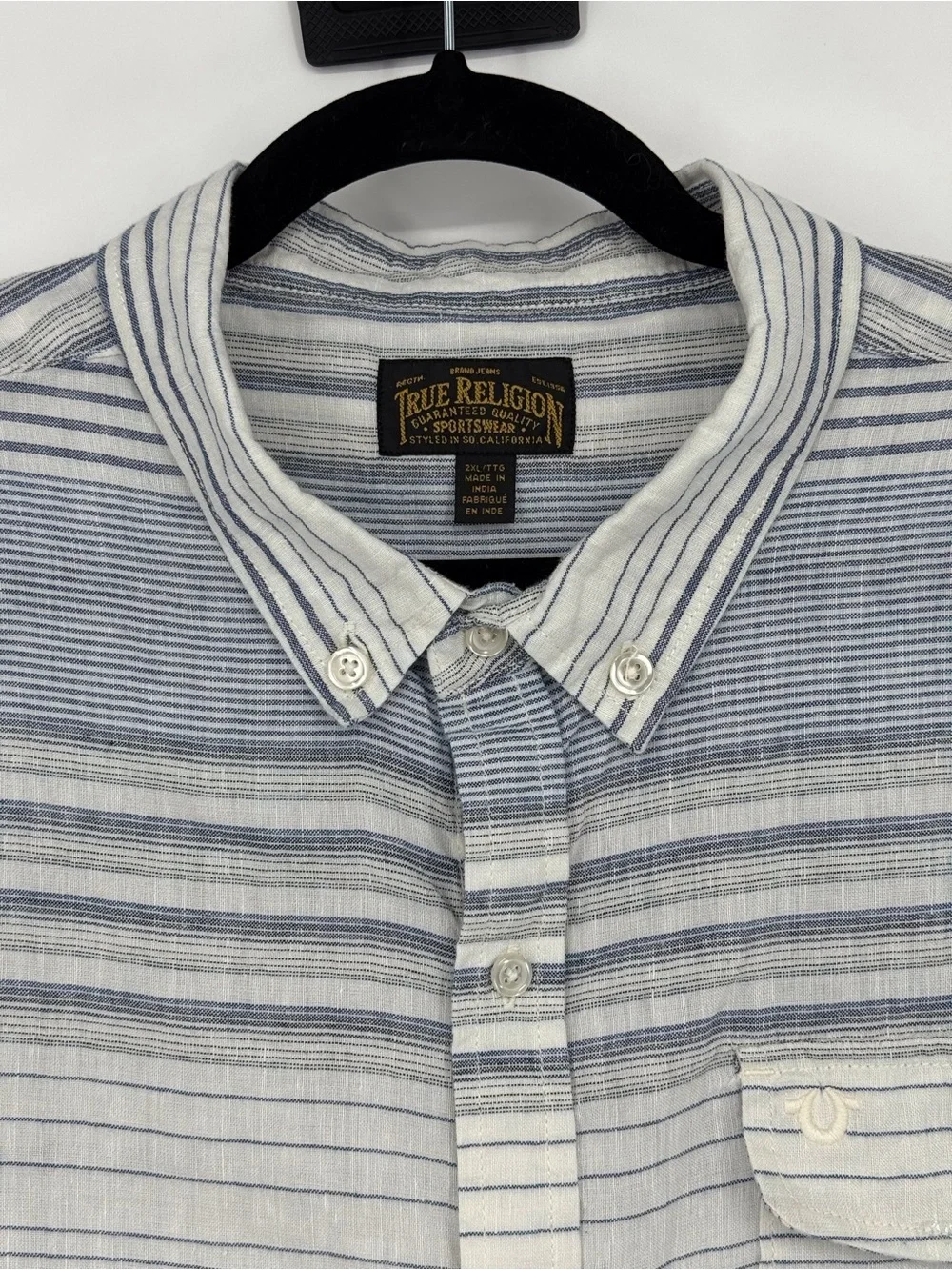 True Religion Linen Cotton Striped Button‎ Up Shirt XXL Coastal Beach Nautical